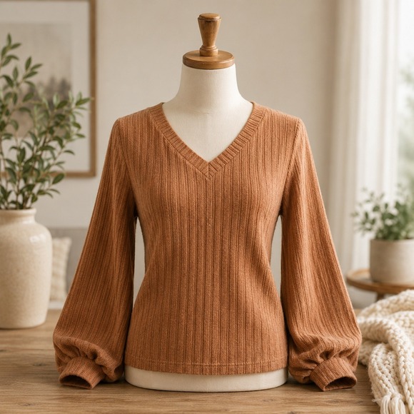 Cupshe Tops - NWT Cupshe Knit Top Womens Small Brown V-Neck‎ Balloon Sleeve Chevron Textured
